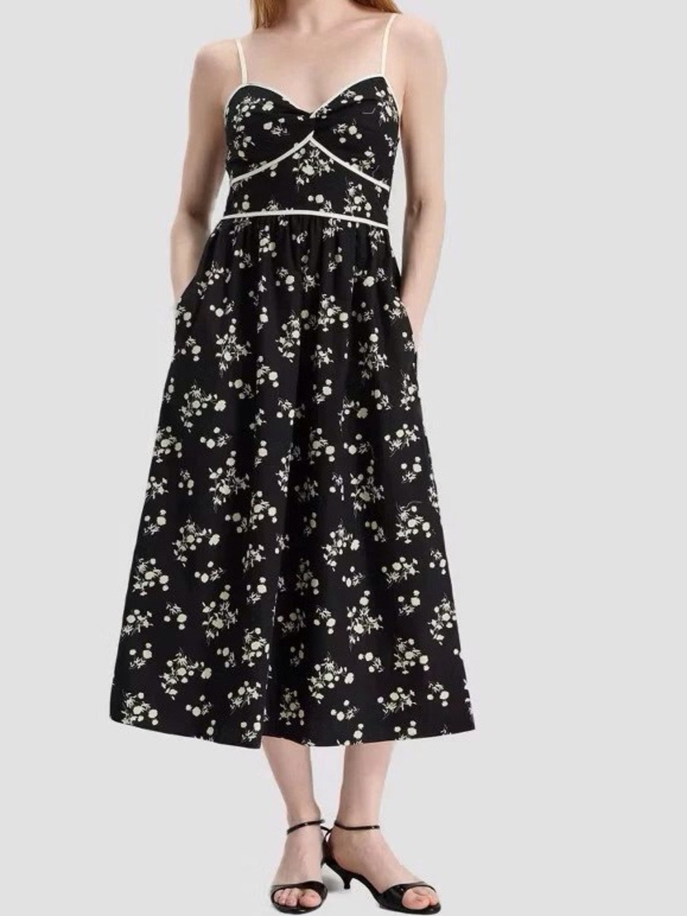 Black Floral Spaghetti-Strap Midi Dress with Contrast Trim